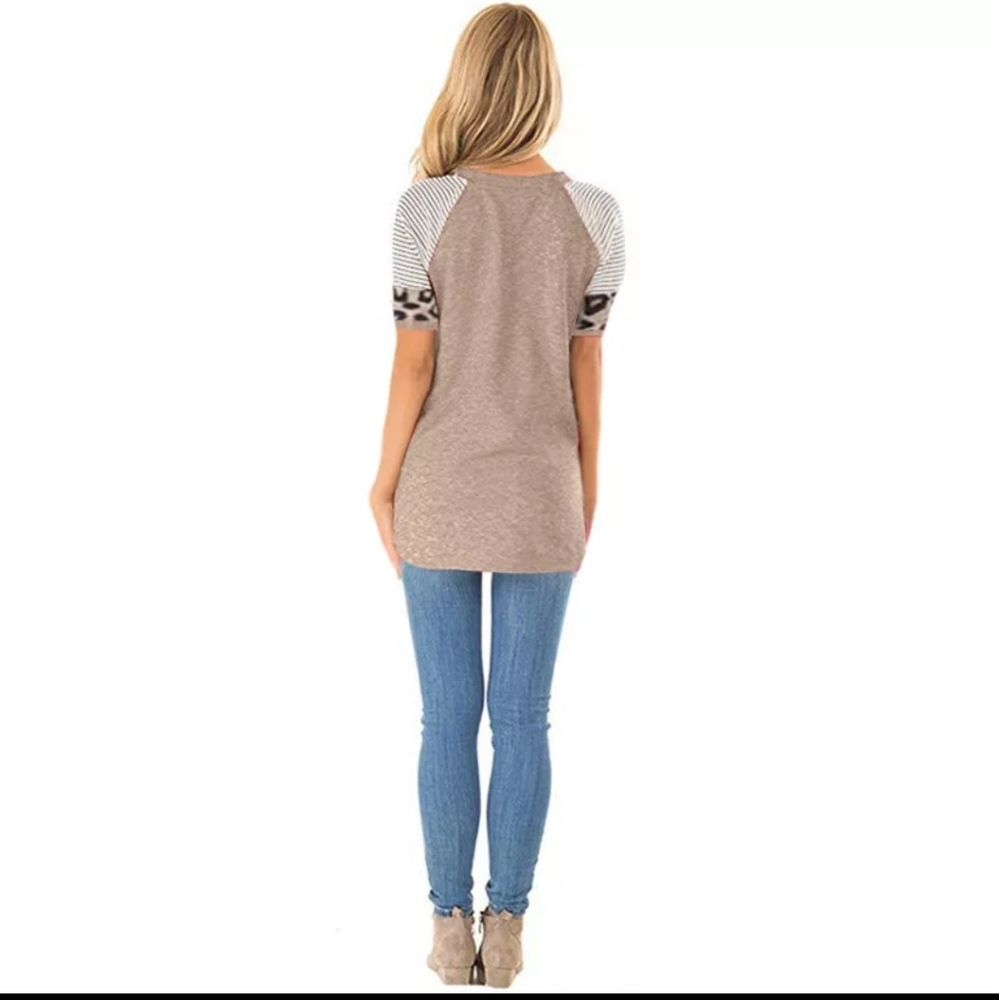 Last FEW LEFT! Leopard Trim Comfy Tee Tshirt Top Khaki - Picture 3 of 4